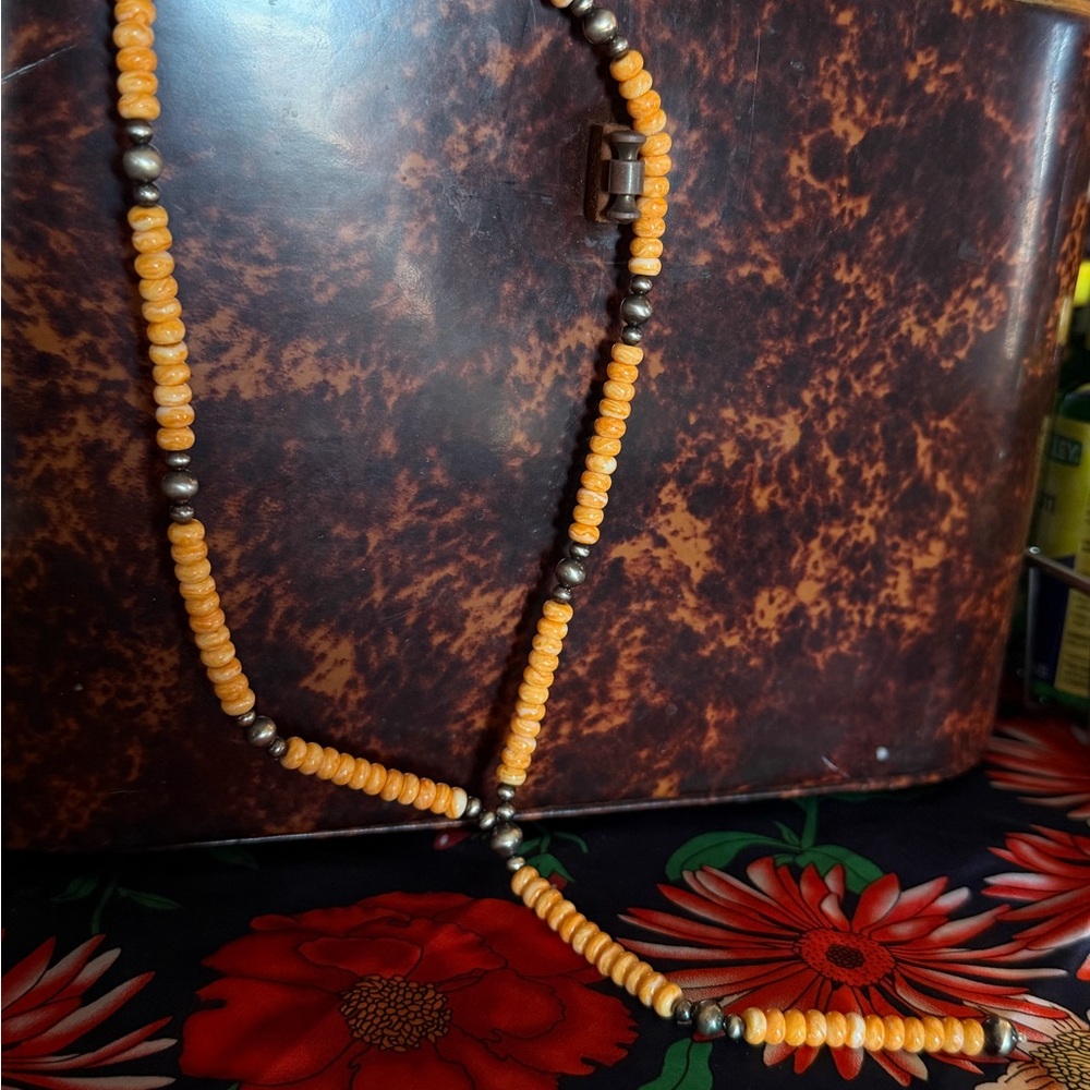Orange Spiny Oyster/ NP pearls lariat necklace 20-22”